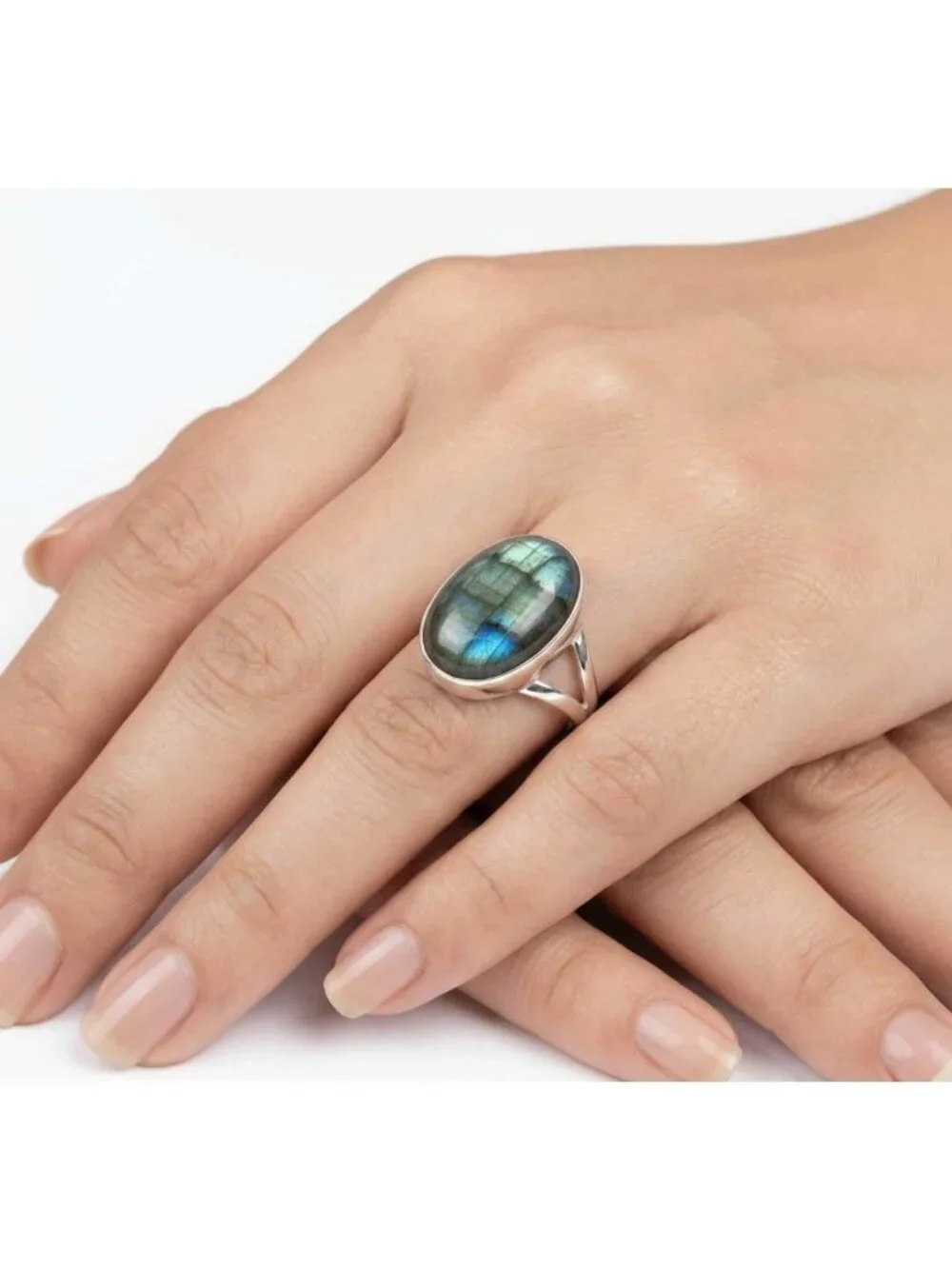 Handmade 925 Sterling Silver Boho Ring with Oval Labradorite, Rose Quartz